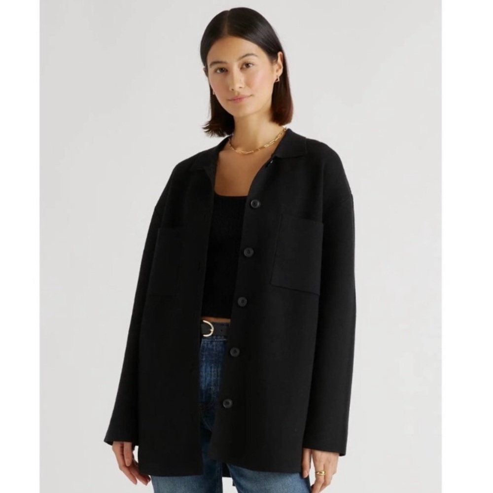 Quince Women's Eco-Knit Milano Stitch Shirt Jacket Oversized Shacket sz XS Black